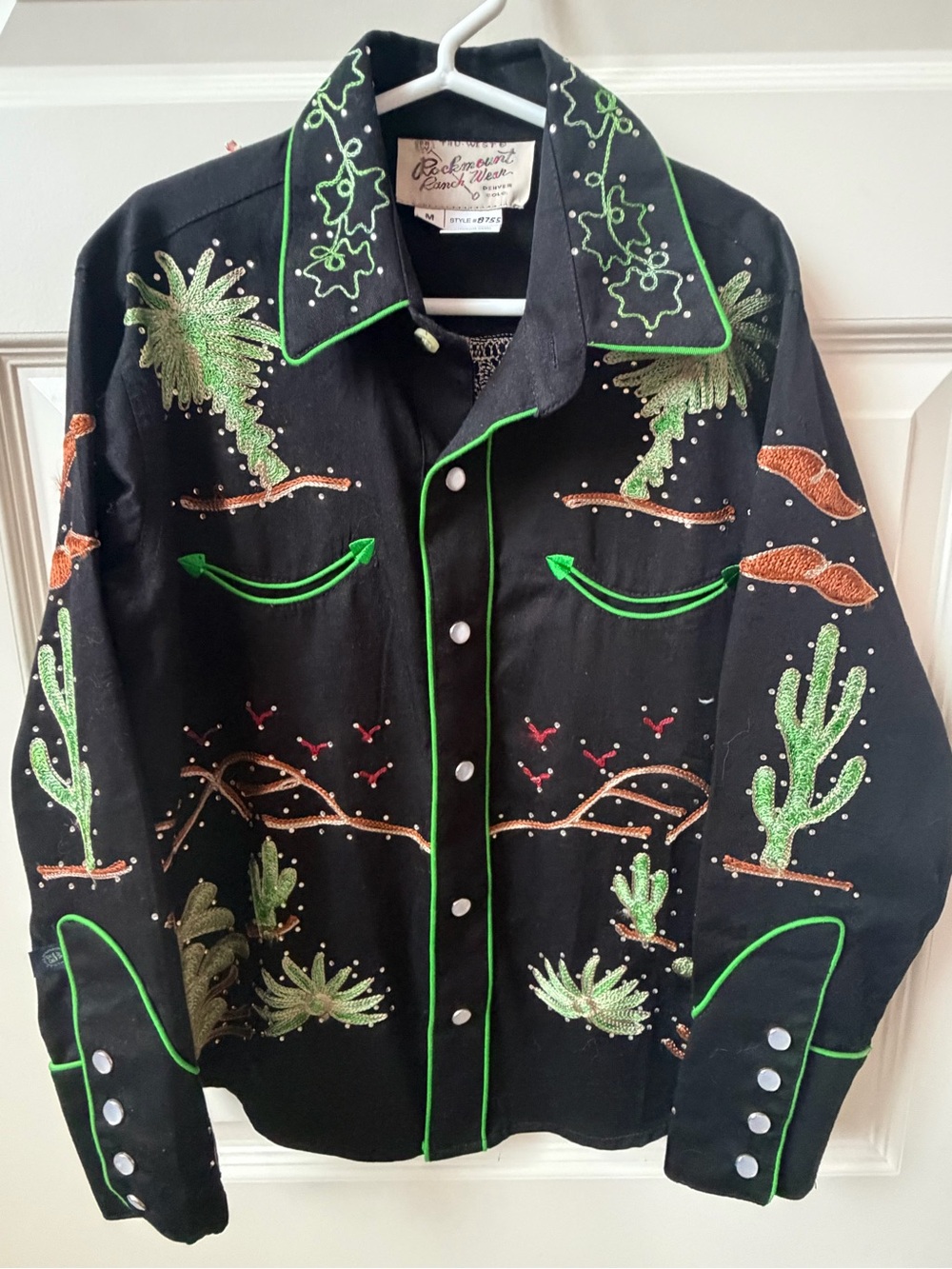 Kids Vintage Western Embroidered Black Shirt with Green Piping